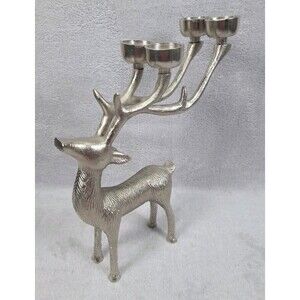 Christmas Reindeer Candle Tea Light Holders Silver Metal Textured Candelabra